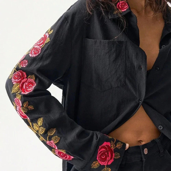 Black Casual Women's Loose Woven Asymmetrical Hem Long Sleeve Long Shirt - Picture 2 of 7